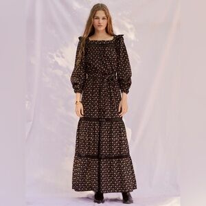 Smocked Floral Maxi Dress in Black with Pink Accents